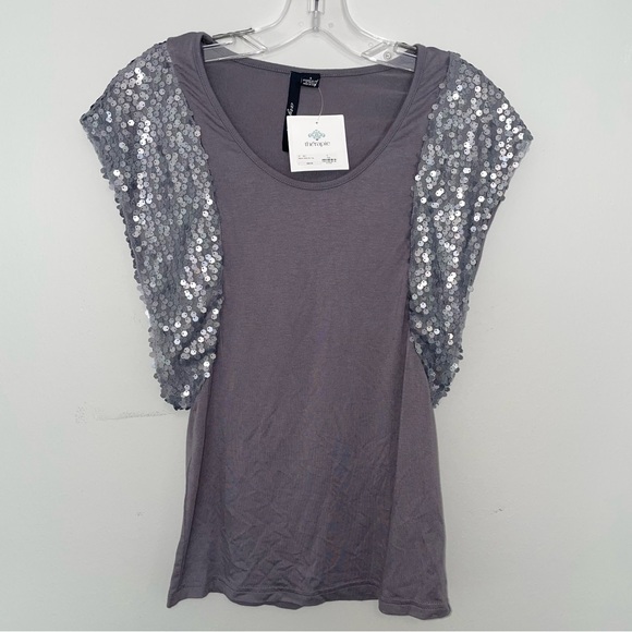 NWT Gray and Silver Sequin Sleeve Blouse - Picture 1 of 5